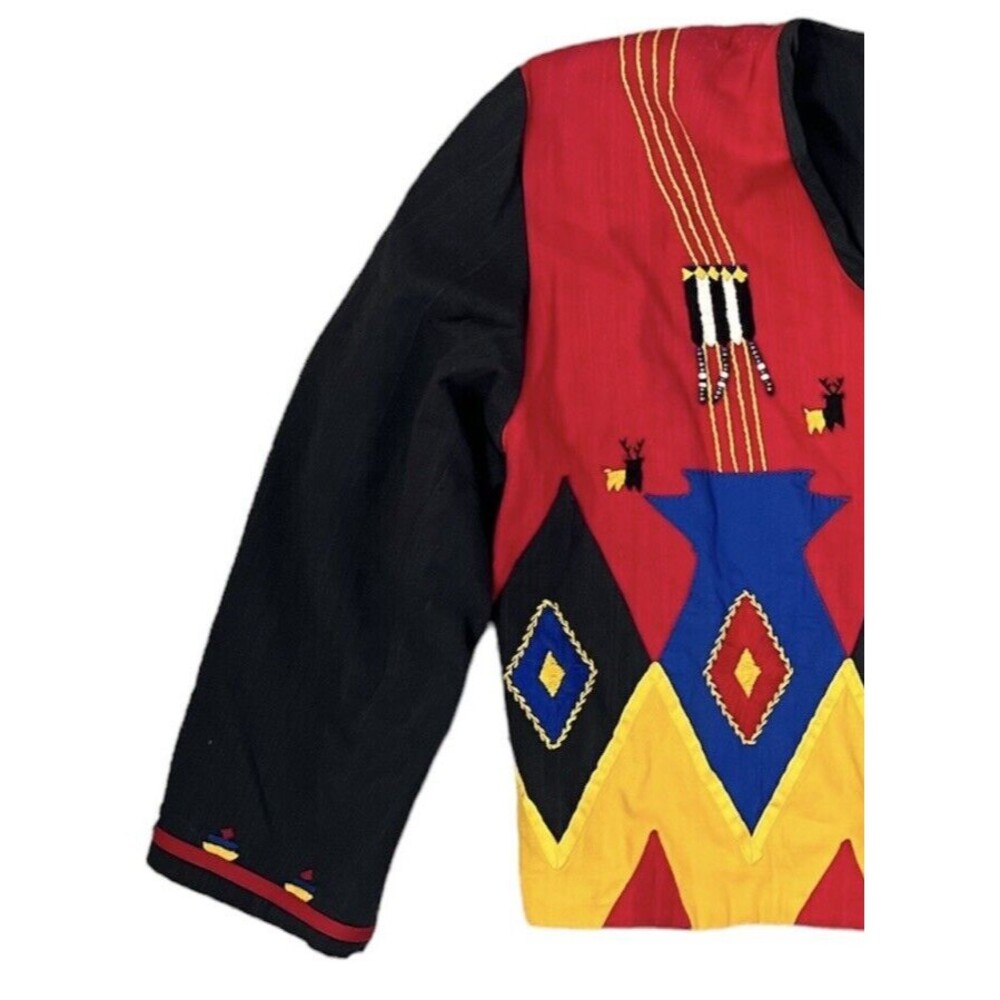Irene Pulos Vintage Hand Embroidered Aztec Open Front Colorful Jacket Size L - Picture 3 of 6